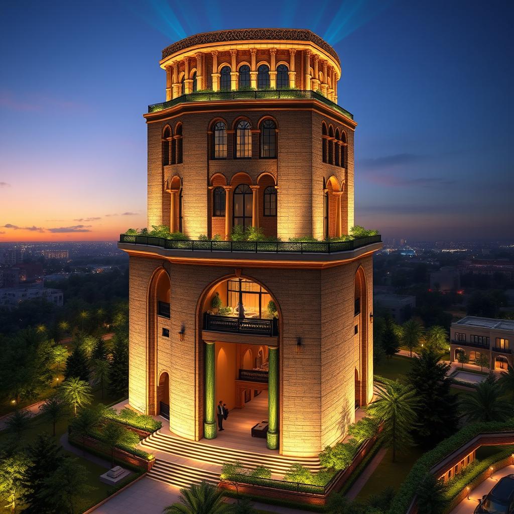 A 20-story tower designed with inspiration from the ancient architecture of Chogha Zanbil, featuring handmade bricks and polished stone