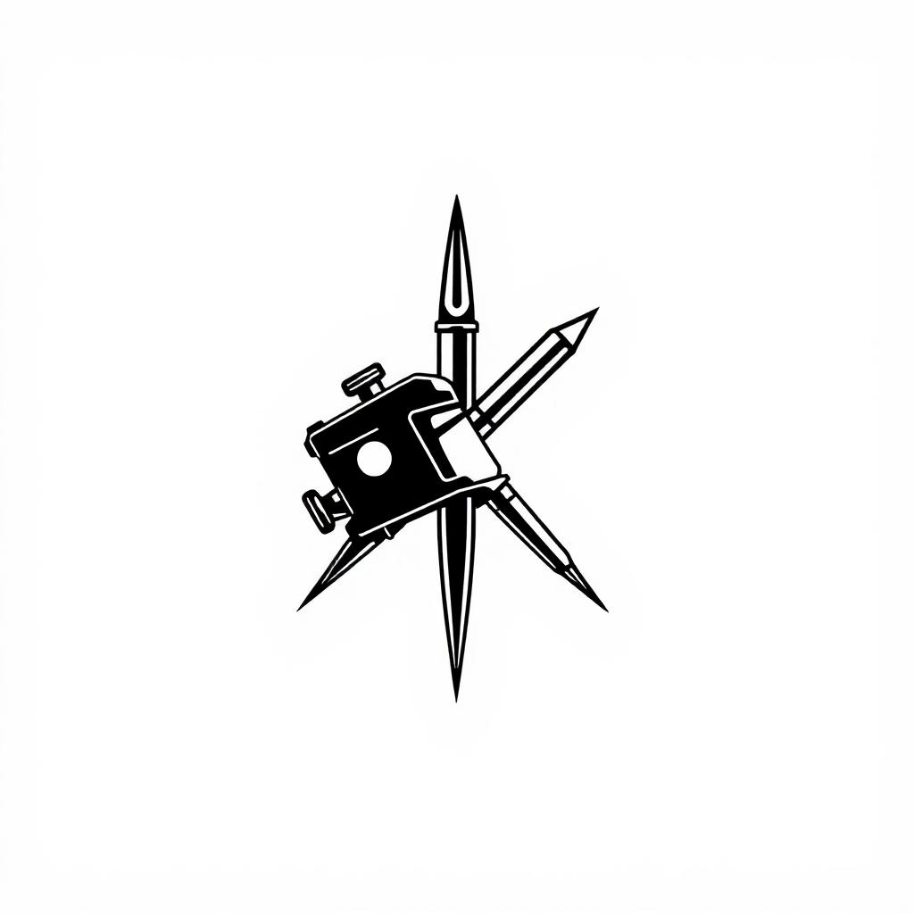 A sleek, modern logo design for a tattoo studio, featuring a stylized tattoo needle crossed with a tattoo machine