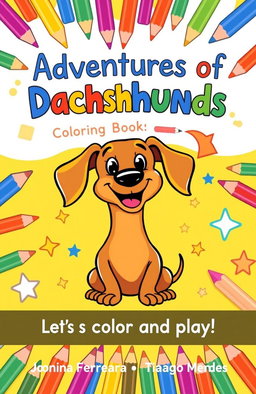 A whimsical and playful coloring book cover featuring a cheerful cartoon dachshund