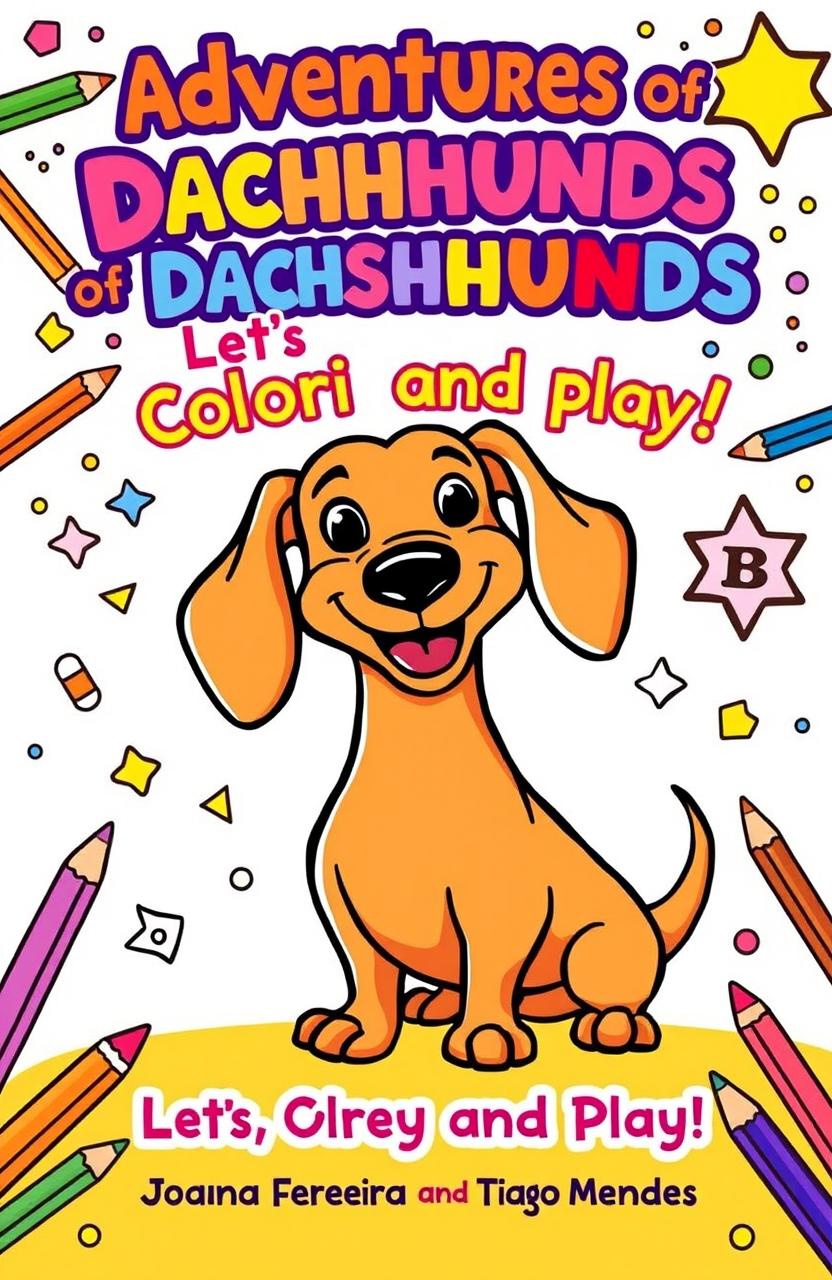 A whimsical and playful coloring book cover featuring a cheerful cartoon dachshund