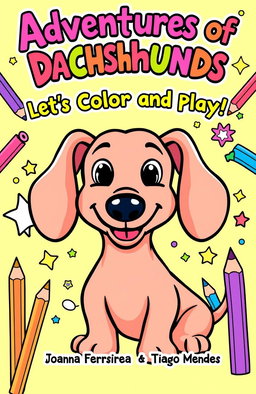 A whimsical and playful coloring book cover featuring a cheerful cartoon dachshund