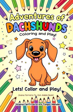 A whimsical and playful coloring book cover featuring a cheerful cartoon dachshund