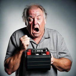 A distressed man holding a car battery, his face contorted with emotion, tears streaming down his cheeks. His expression signifies desperation or despair.