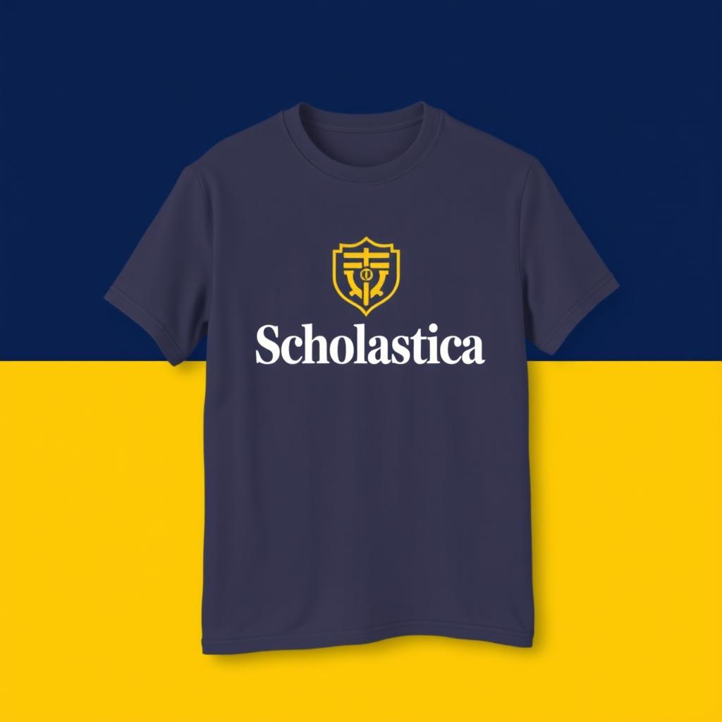 A stylish graphic t-shirt featuring the logo of Scholastica prominently displayed