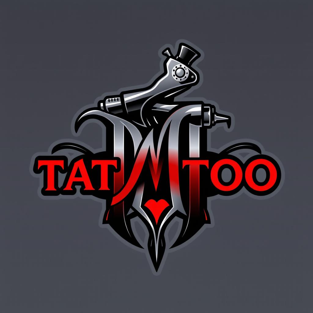 A stylish logo design featuring a tattoo machine artistically integrated with the letter 'M'