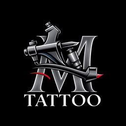 A stylish logo design featuring a tattoo machine artistically integrated with the letter 'M'
