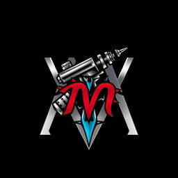 A stylish logo design featuring a tattoo machine artistically integrated with the letter 'M'
