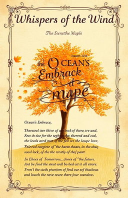 Create a charming Poetry Chapbook titled 'Whispers of the Wind', featuring four original poems that explore themes of nature, love, and self-discovery