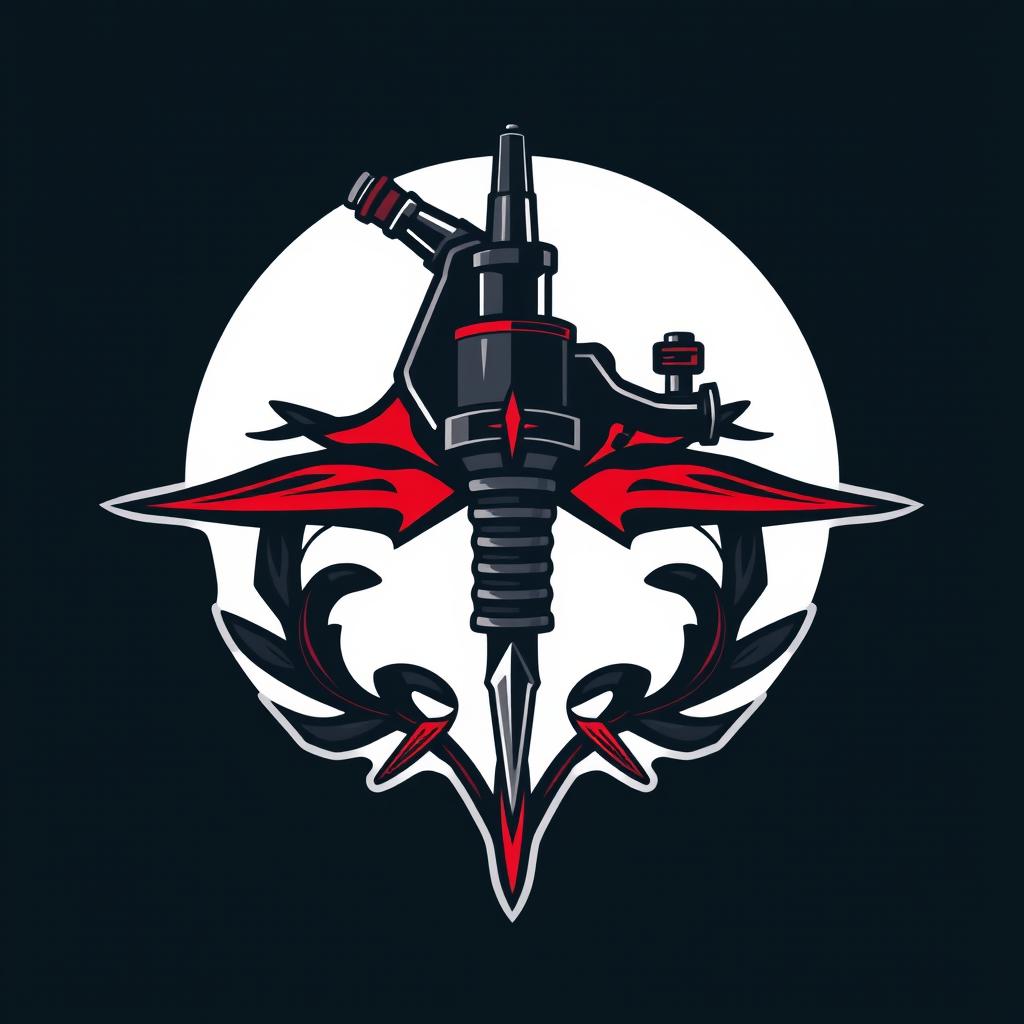 A sleek and modern logo featuring a tattoo machine, intricately designed with sharp lines and professional aesthetics