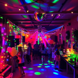 A vibrant party space filled with colorful lights, creating a festive atmosphere