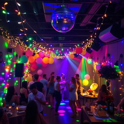 A vibrant party space filled with colorful lights, creating a festive atmosphere