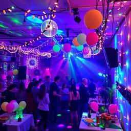 A vibrant party space filled with colorful lights, creating a festive atmosphere