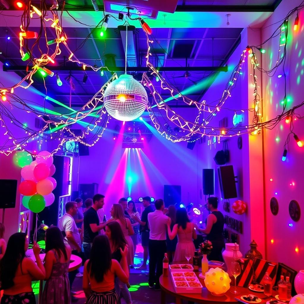 A vibrant party space filled with colorful lights, creating a festive atmosphere