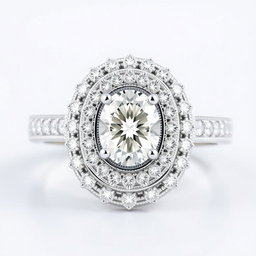 A stunning 1 carat diamond ring featuring a modern design with multiple haloes surrounding an oval diamond cut centerpiece