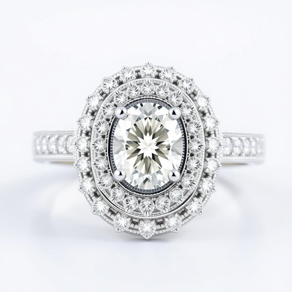 A stunning 1 carat diamond ring featuring a modern design with multiple haloes surrounding an oval diamond cut centerpiece
