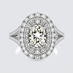 A stunning 1 carat diamond ring featuring a modern design with multiple haloes surrounding an oval diamond cut centerpiece