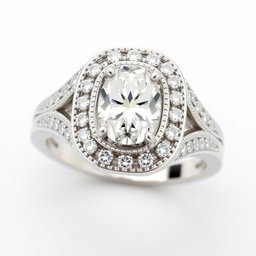 A stunning 1 carat diamond ring featuring a modern design with multiple haloes surrounding an oval diamond cut centerpiece