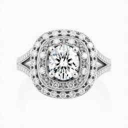 A stunning 1 carat diamond ring featuring a modern design with multiple haloes surrounding an oval diamond cut centerpiece