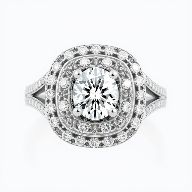 A stunning 1 carat diamond ring featuring a modern design with multiple haloes surrounding an oval diamond cut centerpiece