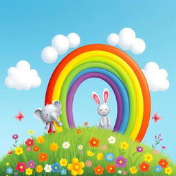 A whimsical, colorful children's rainbow stretching across a bright blue sky, with fluffy white clouds and playful cartoon animals like a smiling elephant and a happy bunny peeking out from beneath the rainbow