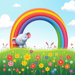 A whimsical, colorful children's rainbow stretching across a bright blue sky, with fluffy white clouds and playful cartoon animals like a smiling elephant and a happy bunny peeking out from beneath the rainbow