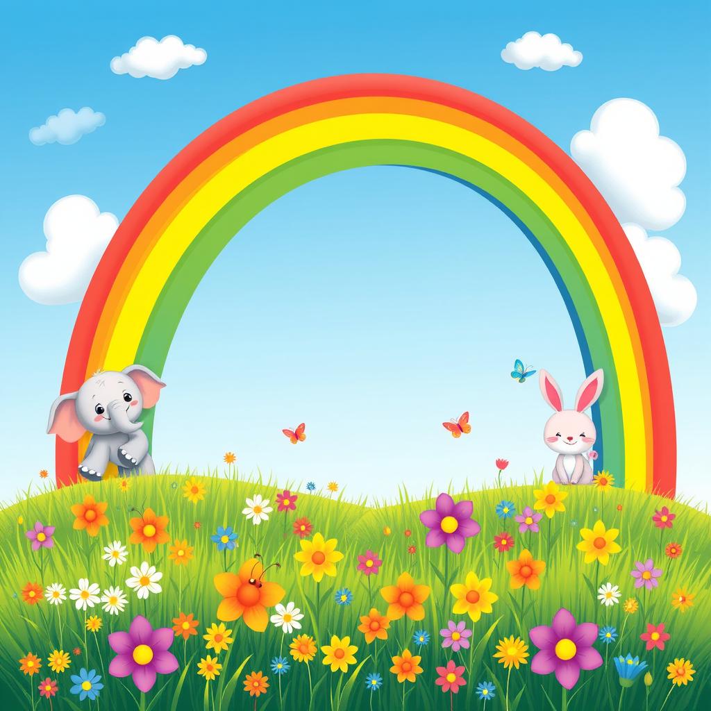 A whimsical, colorful children's rainbow stretching across a bright blue sky, with fluffy white clouds and playful cartoon animals like a smiling elephant and a happy bunny peeking out from beneath the rainbow
