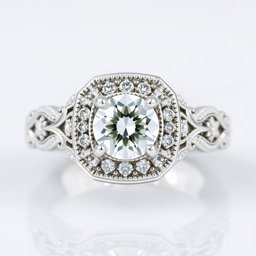 A stunning 1 carat diamond ring that appears significantly larger due to a radiant halo design of smaller sparkling diamonds encircling the center stone