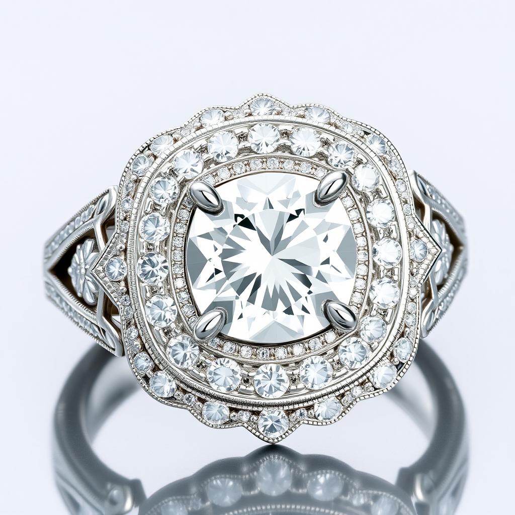 A stunning 1 carat diamond ring that appears significantly larger due to a radiant halo design of smaller sparkling diamonds encircling the center stone