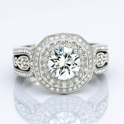 A stunning 1 carat diamond ring that appears significantly larger due to a radiant halo design of smaller sparkling diamonds encircling the center stone