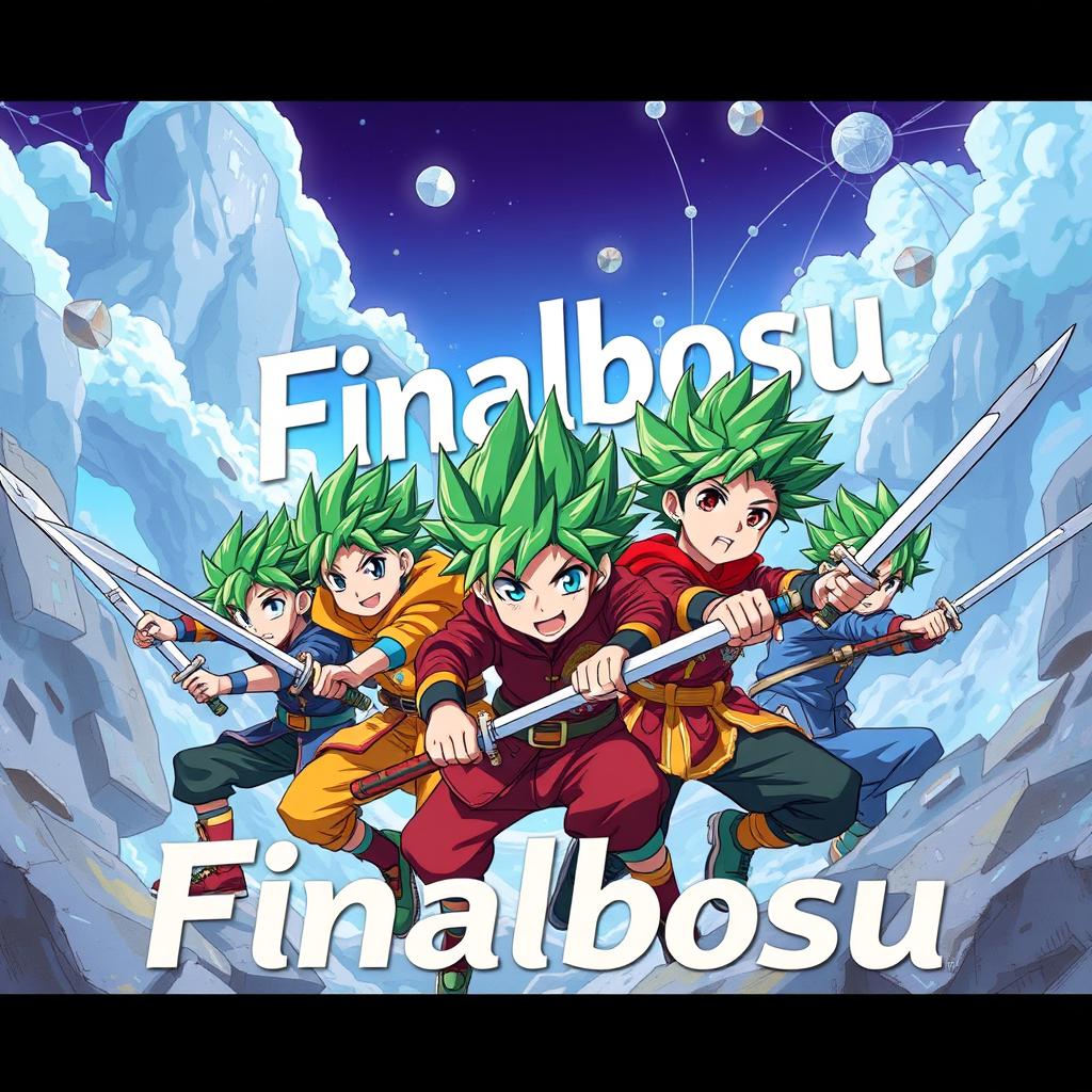 A dynamic illustration featuring a group of boys, each armed with swords and dressed in vibrant battle clothes