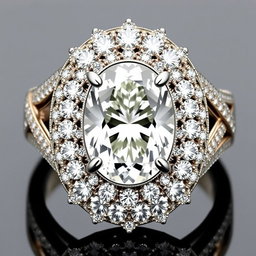An extravagant and luxurious 1 carat oval-cut diamond ring, designed to appear larger than life with intricate and ornate halo settings