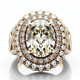 An extravagant and luxurious 1 carat oval-cut diamond ring, designed to appear larger than life with intricate and ornate halo settings