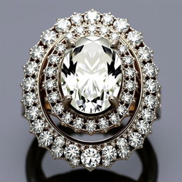 An extravagant and luxurious 1 carat oval-cut diamond ring, designed to appear larger than life with intricate and ornate halo settings