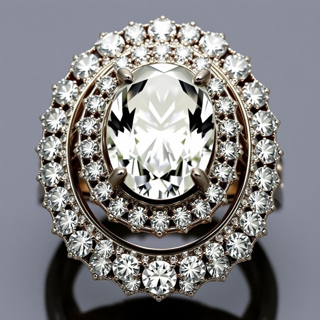An extravagant and luxurious 1 carat oval-cut diamond ring, designed to appear larger than life with intricate and ornate halo settings