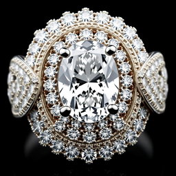 An extravagant and luxurious 1 carat oval-cut diamond ring, designed to appear larger than life with intricate and ornate halo settings