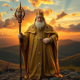 A scene depicting Donald Trump as Gandalf, wearing flowing gold robes adorned with intricate patterns, standing tall and proud in the west