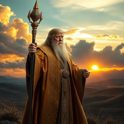 A scene depicting Donald Trump as Gandalf, wearing flowing gold robes adorned with intricate patterns, standing tall and proud in the west