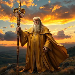 A scene depicting Donald Trump as Gandalf, wearing flowing gold robes adorned with intricate patterns, standing tall and proud in the west