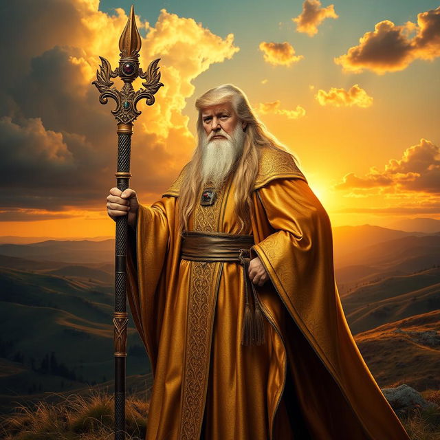 A scene depicting Donald Trump as Gandalf, wearing flowing gold robes adorned with intricate patterns, standing tall and proud in the west