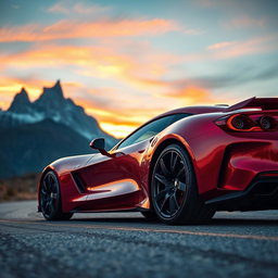 A high-performance sports car parked on a scenic mountain road during sunset, showcasing sleek aerodynamic lines, shiny metallic paint in vibrant red, and detailed reflections in the bodywork