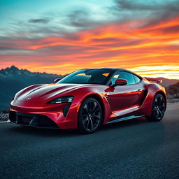 A high-performance sports car parked on a scenic mountain road during sunset, showcasing sleek aerodynamic lines, shiny metallic paint in vibrant red, and detailed reflections in the bodywork
