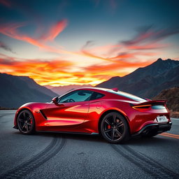 A high-performance sports car parked on a scenic mountain road during sunset, showcasing sleek aerodynamic lines, shiny metallic paint in vibrant red, and detailed reflections in the bodywork