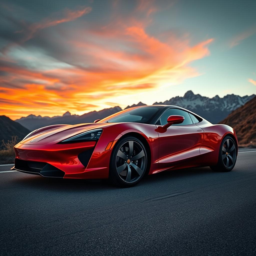 A high-performance sports car parked on a scenic mountain road during sunset, showcasing sleek aerodynamic lines, shiny metallic paint in vibrant red, and detailed reflections in the bodywork