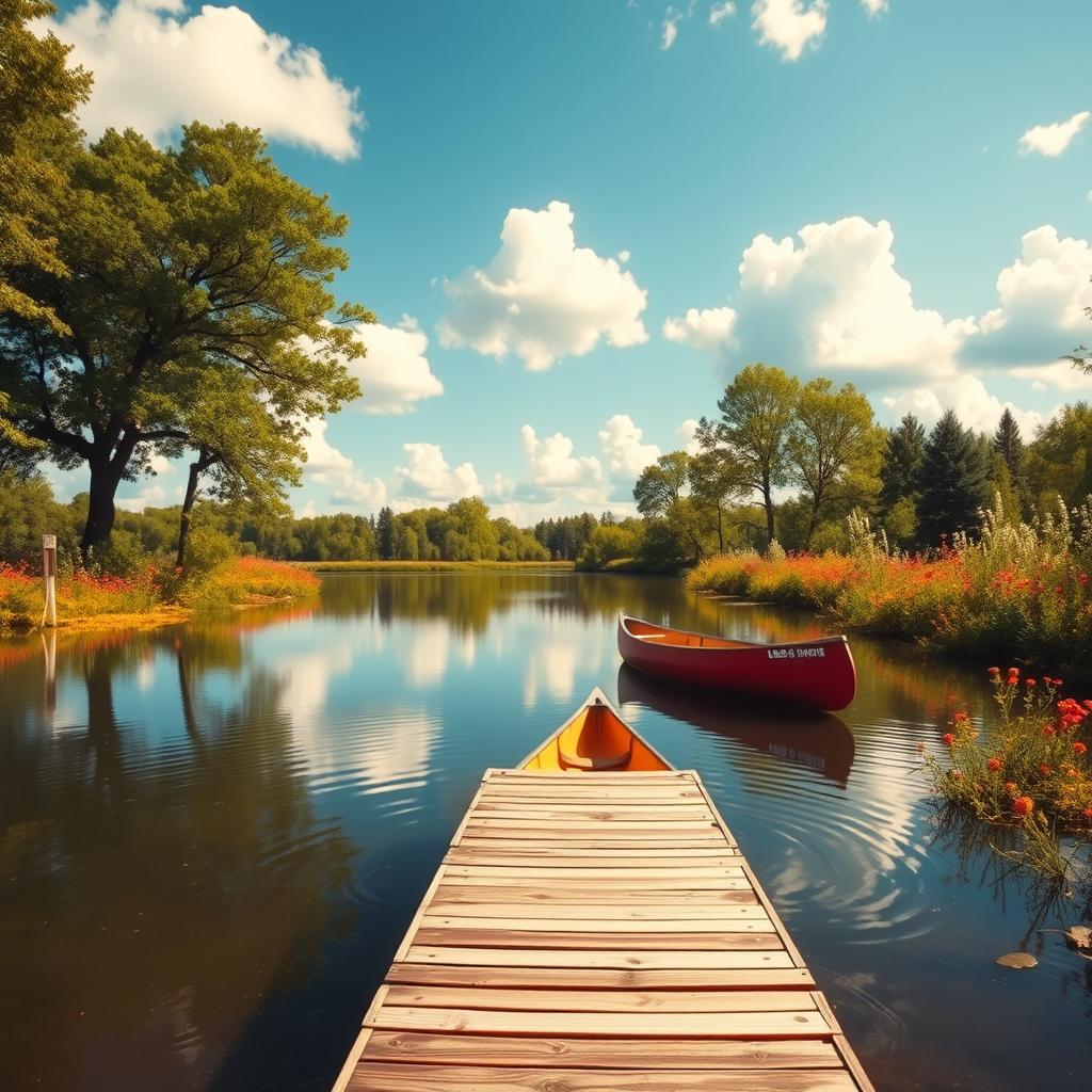 A serene landscape featuring a tranquil lake surrounded by lush green trees and vibrant wildflowers