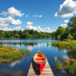 A serene landscape featuring a tranquil lake surrounded by lush green trees and vibrant wildflowers