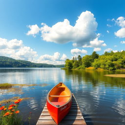 A serene landscape featuring a tranquil lake surrounded by lush green trees and vibrant wildflowers