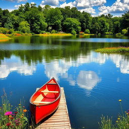 A serene landscape featuring a tranquil lake surrounded by lush green trees and vibrant wildflowers