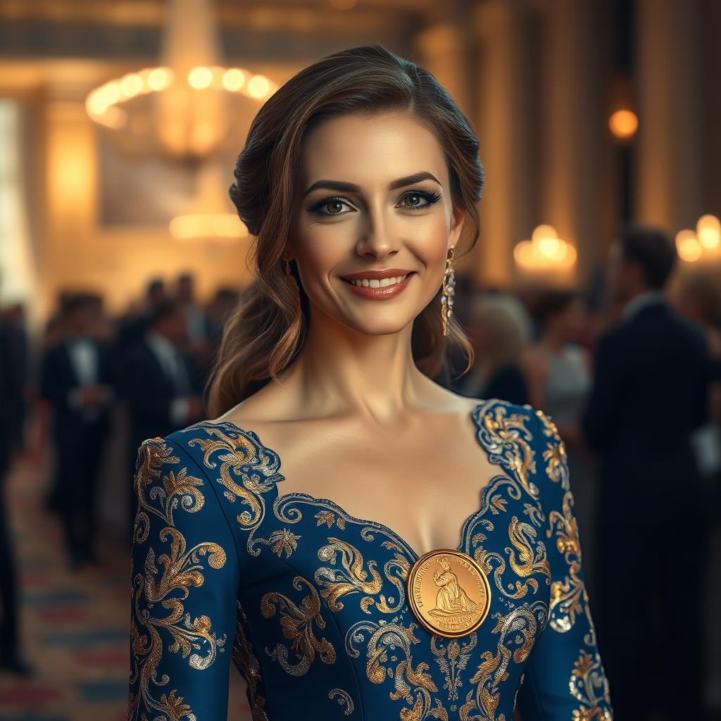 A stunning portrait of a woman wearing a beautifully designed Nobel Prize-inspired gown, adorned with intricate gold and silver patterns that reflect the elegance of the Nobel Prize's significance