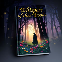 A stunning book cover design featuring a mysterious forest at twilight, with ethereal light shining through the trees