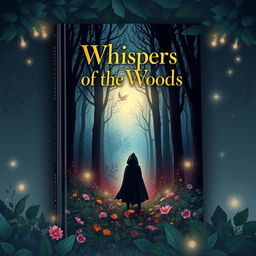 A stunning book cover design featuring a mysterious forest at twilight, with ethereal light shining through the trees